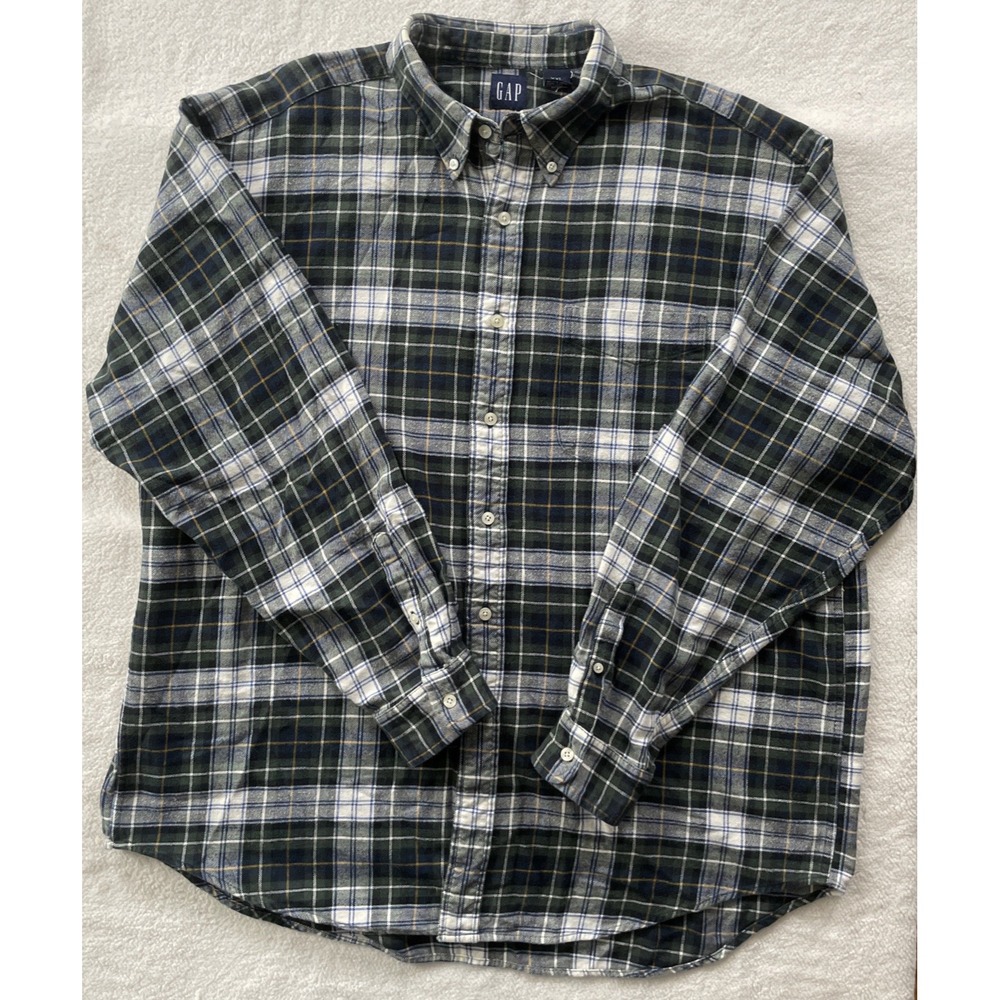 90s Gap Shirt Men XXL 100% Cotton Flannel Plaid‎ Tartan Green Blue Gorpcore VTG